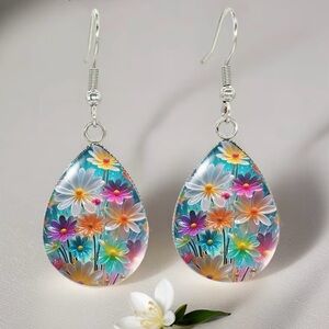 Rainbow Daisy Floral Teardrop Earrings